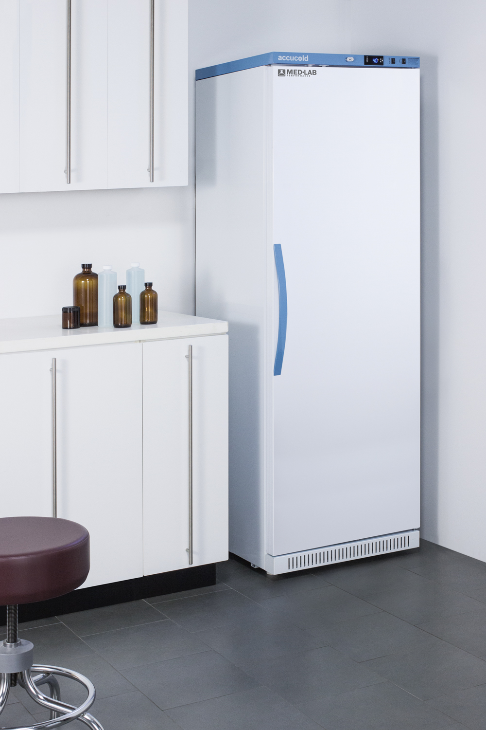 Performance series Med-Lab 15 cu.ft. upright all-refrigerator with 8 interior locking compartments, antimicrobial silver-ion handle, and hospital grade cord with 'green dot' cord